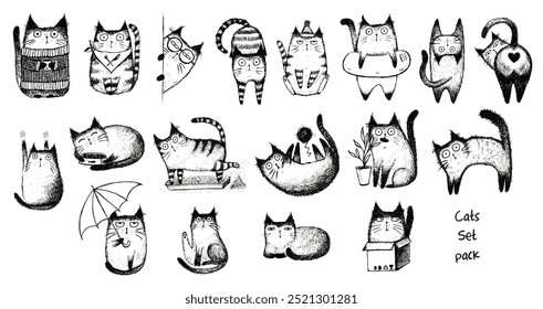 Vector set illustrations sketch of funny cats on white background