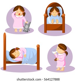 vector set of illustrations sleeping girl. preschooler in a pink nightgown with teddy bear yawns and rubs her eyes. girl in pink pajamas drinking milk with cookies. cute little girl sleeping in bed