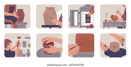 Vector set of illustrations in square frames with the process of making ceramic dishes. Close-up with cutting, shaping, firing and painting clay products. Flat cartoon style. Pottery workshop.