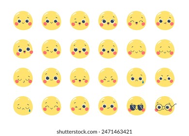 Vector set of illustrations of stickers of cute emoticons with different emotions isolated on a white background