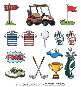 Vector set of illustrations and stickers on the topic of golf, design, postcards. Set of icons in isolation. Golf polo, cup, clubs, balls, glove, hole, boots