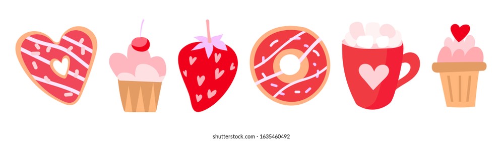 Vector set of illustrations of stickers of sweets in cute style hand-drawn. Donuts with pink icing in the form of a heart, strawberries, muffins, and cocoa with marshmallows. 