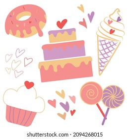 Vector set of illustrations of stickers of sweets and bakery in cute style hand-drawn. Donut with pink icing, ice cream with heart-shaped topping, cake, muffin, and lollipops. Ideal for postcards