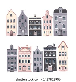 Vector set of illustrations with the streets of cozy European houses with vintage windows and doors.