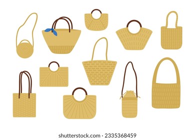 Vector set of illustrations of summer wicker women's bags