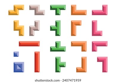 Vector set of illustrations of Tetris game puzzle elements isolated on white background