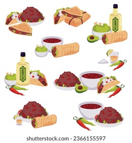 Vector set illustrations of traditional mexican food such as tacos, burritos, guacamole, quesadilla, salsa. Tequila with avocado and chili pepper. Cartoon Mexican, Latin American cuisine