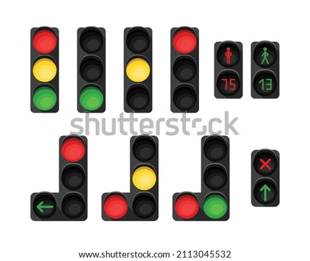 Vector set with illustrations of a traffic light. Traffic regulation.