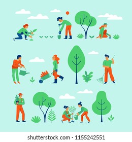 Vector set of illustrations in trendy flat linear style for infographic - gardening concept - people and characters working in the garden, farm or field - planting and watering trees