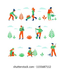 Vector set of illustrations in trendy flat linear style for infographic - gardening concept - people and characters working in the garden, farm or field - planting and watering trees