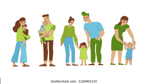 Vector set of illustrations in trendy flat linear style - happy family and parenthood concepts - happy mother and father with children of different age - cartoon characters for infographics, banners