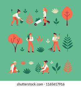 Vector set of illustrations in trendy flat linear style for infographic - gardening concept - people and characters working in the garden, farm or field - planting and watering trees