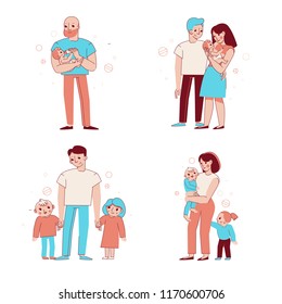 Vector set of illustrations in trendy flat linear style - happy family and parenthood concepts - happy mother and father with children of different age - cartoon characters for infographics, banners