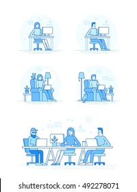 Vector set of illustrations in trendy flat linear style and blue colors - coworking space with creative team sitting at the desk with computers and laptops working -  infographic design elements 