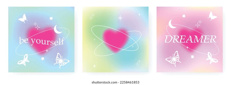 Vector set of illustrations with trendy gradient background with butterflies, stars, blurred heart. Modern vibrant postcards for fashion advertising, social media with motivational quotes in y2k style