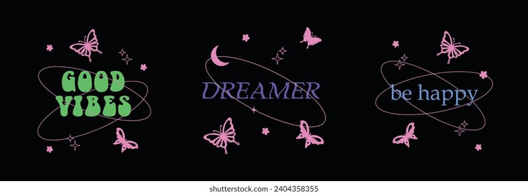 Vector set of illustrations with trendy linear icons with butterflies, stars, quotes. Modern postcards for fashion advertising, social media with motivational quotes in y2k style