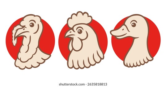 Vector set illustrations of turkey, chicken and duck heads in retro style. Vintage illustrations of turkey, rooster and duck