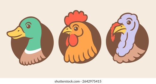 Vector set illustrations of turkey, chicken and duck heads in retro style. Vintage illustrations of turkey, rooster and duck