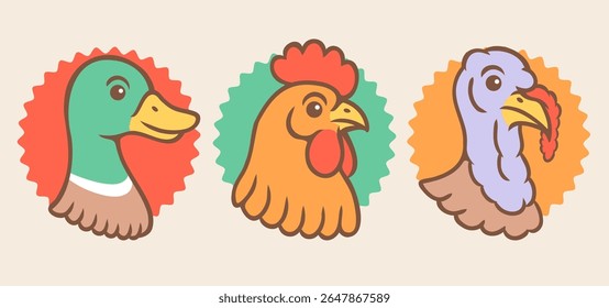 Vector set illustrations of turkey, chicken and duck heads in retro style. Vintage illustrations of turkey, rooster and duck