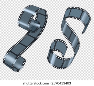 Vector set of illustrations with twisted film strips, isolated transparent background. Retro negative with dull slides. Photo negative or film slide. Illustration.