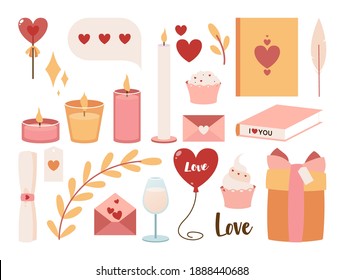 Vector set of illustrations for Valentines Day. Heart, balloon, glass, tag, cupcake, cake, gift, branches, books, pen, letters, candles, lollipop.