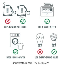 Vector set of illustrations which help to reduce the usage of electricity and reduce the fee for utilities