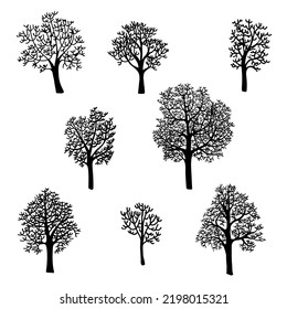 Vector set with illustrations of winter trees isolated on white background. Use it as elements for design greeting card, poster, banner, Social Media post, invitation, sale, brochure and other graphic