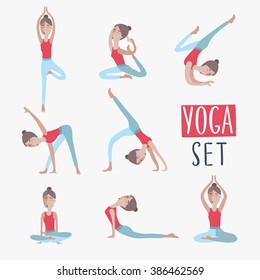 Vector set of  illustrations of woman in different positions of yoga
