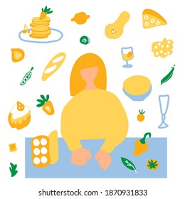 Vector set of illustrations with a woman and ingredients in doodle style.Collection with cooking inorange,blue,green colors.Clip art with milk,pot,shrimp,pasta,bottle.Design for packaging,web,menu.