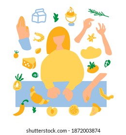 Vector set of illustrations with a women,ingredients,hands in doodle style.Collection with cooking in orange,blue,green colors.Clip art with milk,tomatoes,basil,dough,cucumber,lettuce.