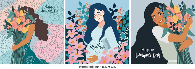 Vector set of illustrations for Women's Day. Cute flat cartoon template for cards and posters