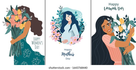 Vector set illustrations for Women's Day white background  Cute flat cartoon template for cards   posters