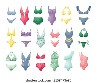 Vector set of illustrations of women's swimwear. Beachwear.