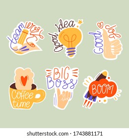 Vector set of illustrations of workflow, business, teamwork on a white background in doodle cartoon style. Illustrations for online communication, social networks, mobile message, marketing material. 