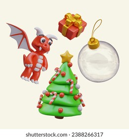 Vector set of illustrations for Year of Dragon. 3D red dragon, decorated Christmas tree, gift, giant empty transparent ball. Cute templates for web design, place in sphere for greeting, date, logo