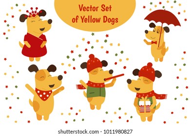 Vector set of illustrations of yellow dog. Year of dog 2018 logo, icon. Symbol of new year 2018 in Chinese calendar. Vector set for invitations, posters, cards.