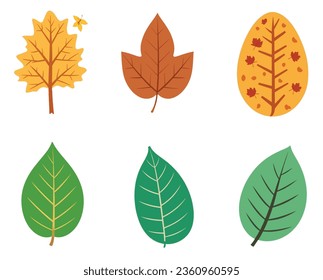 Vector set of Illustrator icons of fresh and dry leaves, nature cartoon style, flat 2D icons in pastel colors, eco friendly.