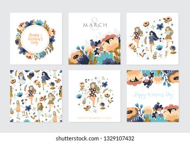 Vector set of illusttation. 8 march, International Women's Day. Vector template with lettering design, women and flowers