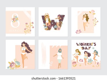 Vector set of illusttation. 8 march, International Women's Day. Vector template with lettering design, women and flowers.
