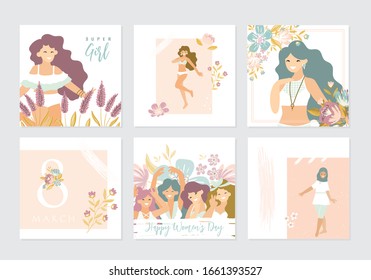 Vector set of illusttation. 8 march, International Women's Day. Vector template with lettering design, women and flowers.