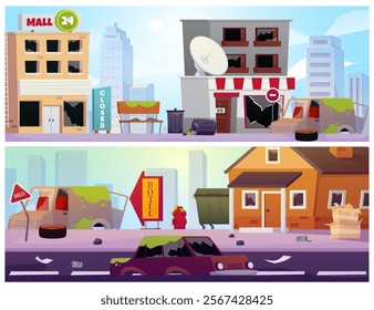 Vector set image with abandoned cities with buildings destroyed by war, covered with radioactive waste. Streets with destruction and devastation.