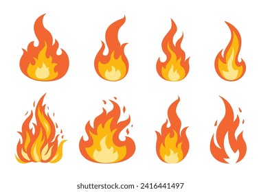 Vector set with the image of a flame. Fire image in flat style. Fire icons.