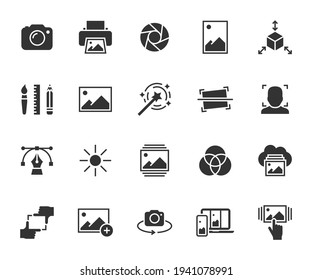 Vector set of image flat icons. Contains icons photo, vector image, print, gallery images, filters, sync images, focus and more. Pixel perfect.