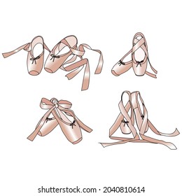 vector set with the image of four pairs of ballet pointe shoes in a graphic style and in pink and black tones on a white background