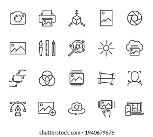 Vector set of image line icons. Contains icons photo, vector image, print, gallery images, filters, sync images, focus and more. Pixel perfect.