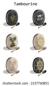 Vector set image of a standing tambourine with a mallet lying next to it, isolated on a white background with various engraved symbols. In cartoon style. EPS 10