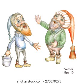 Vector set with image two gnomes hand-drawn by colored pencils  