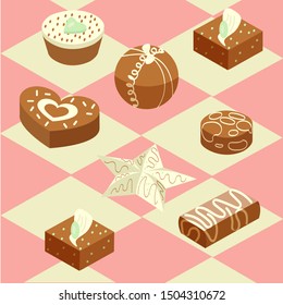 Vector set with the image of various candies on a pink background using isometric style.