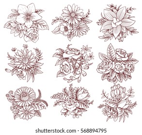 Vector set of images of beautiful bouquets of different types of flowers on a white background. Made in monochrome style. Line art. Vector illustration. 