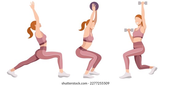 vector set of images of beautiful girls in a sports uniform (leggings and a sports bra) is engaged in fitness, sports, isolated on a white background. women squat, do lunges, train legs and buttocks.